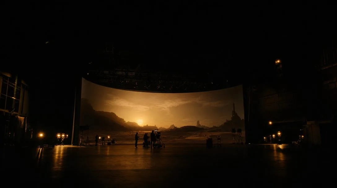 A dark film production stage lit by an amber virtual backdrop
