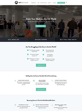 Artpreneur — artist platform homepage