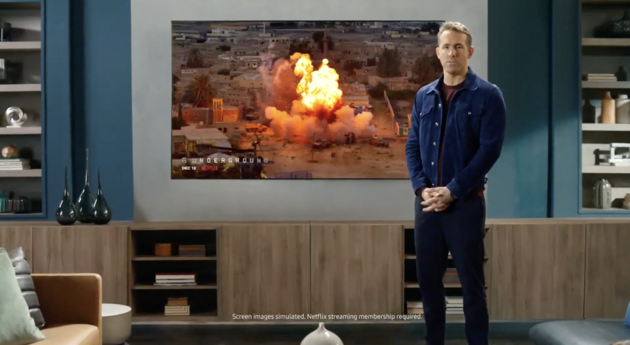 Ryan Reynolds in the Samsung QLED, Netflix, and Aviation Gin commercial