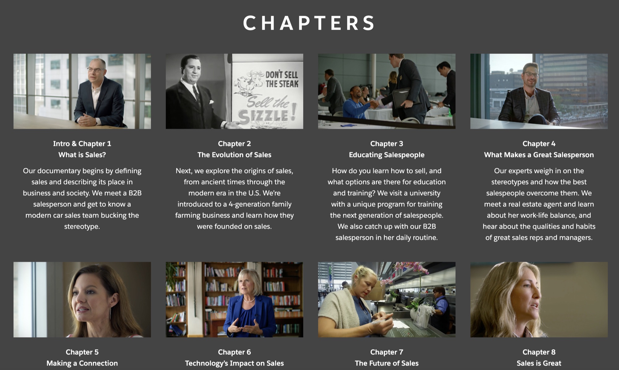 Salesforce Story of Sales website chapters grid, showing eight documentary chapters