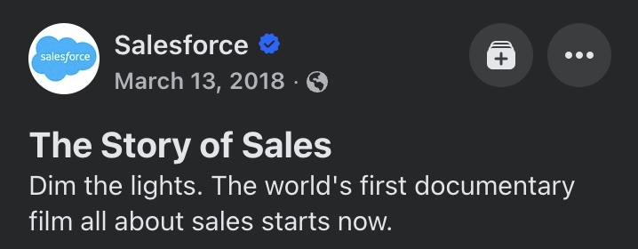 Salesforce Facebook announcement: Dim the lights. The world's first documentary film all about sales starts now.