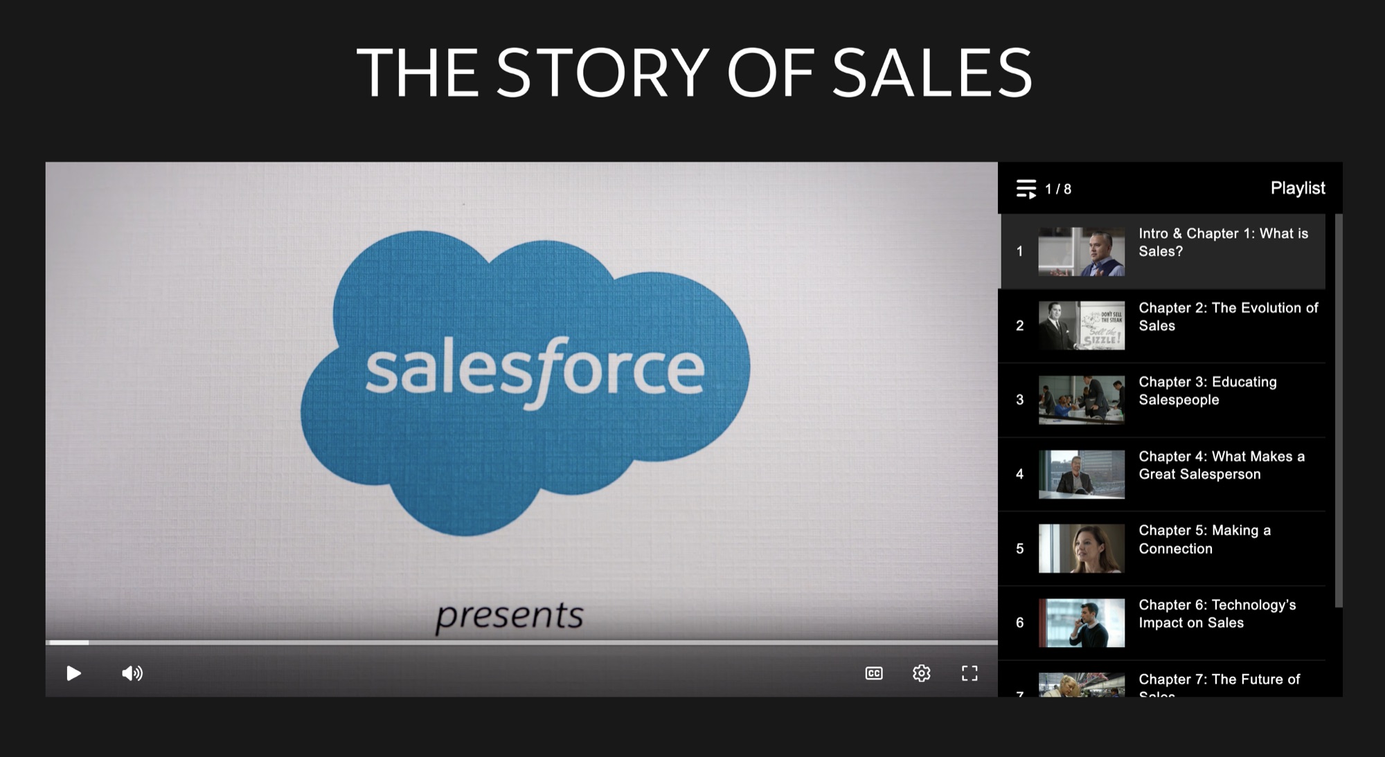 Salesforce Story of Sales website play screen, with the film player and eight-chapter playlist