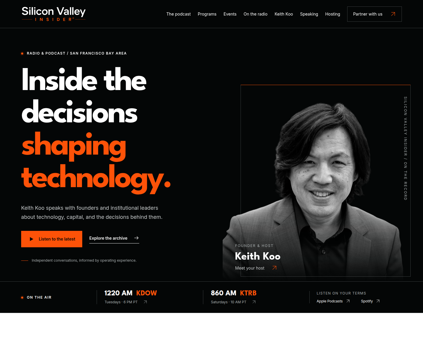 Current Silicon Valley Insider homepage, with Keith Koo's full portrait on the dark editorial site.