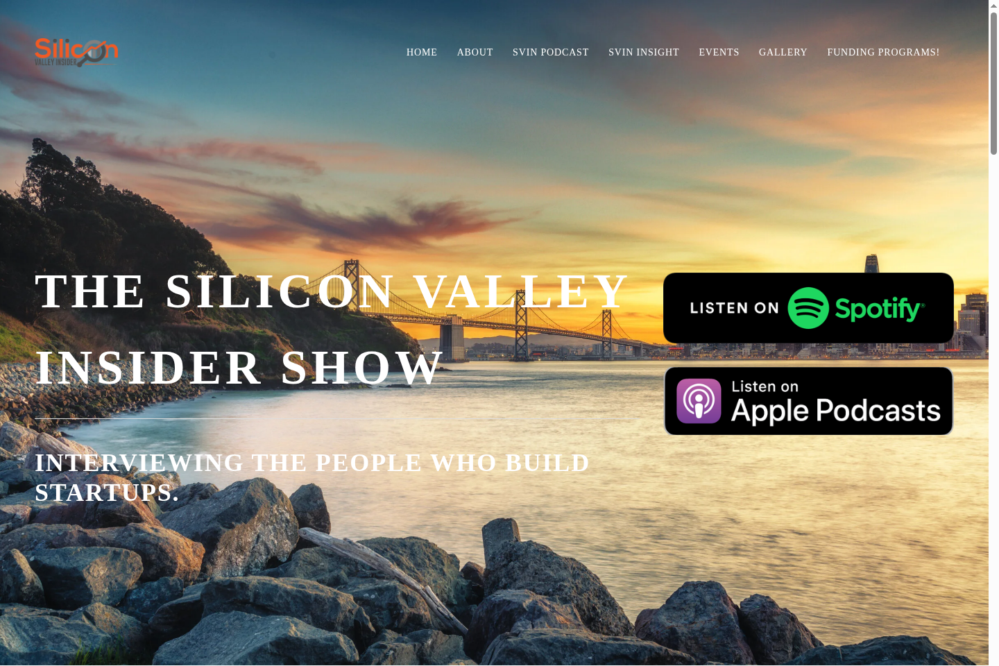 Previous Silicon Valley Insider homepage at svin.biz, a template site with a Bay Bridge sunset.